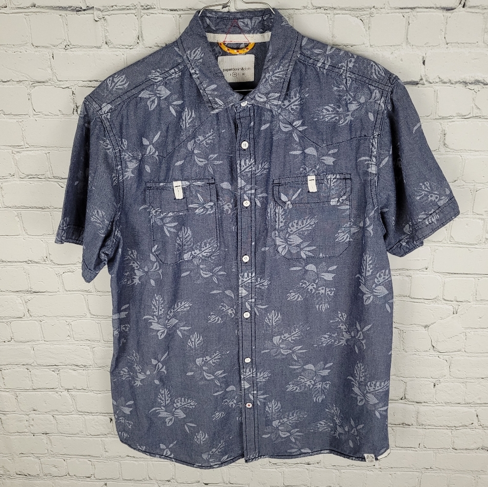 PAPER DENIM & CLOTH | leaf foliage print   cotton button up short sleeve shirt